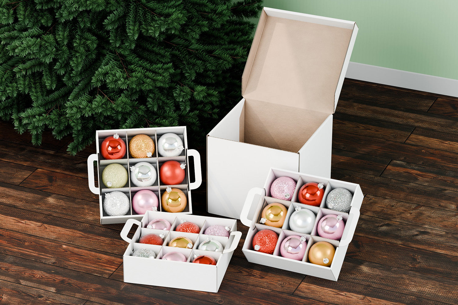 Unsere Weihnachtskugelsortierbox  inklusive Einsätze mit 3 Ebenen - Darstellungmit Kugeln