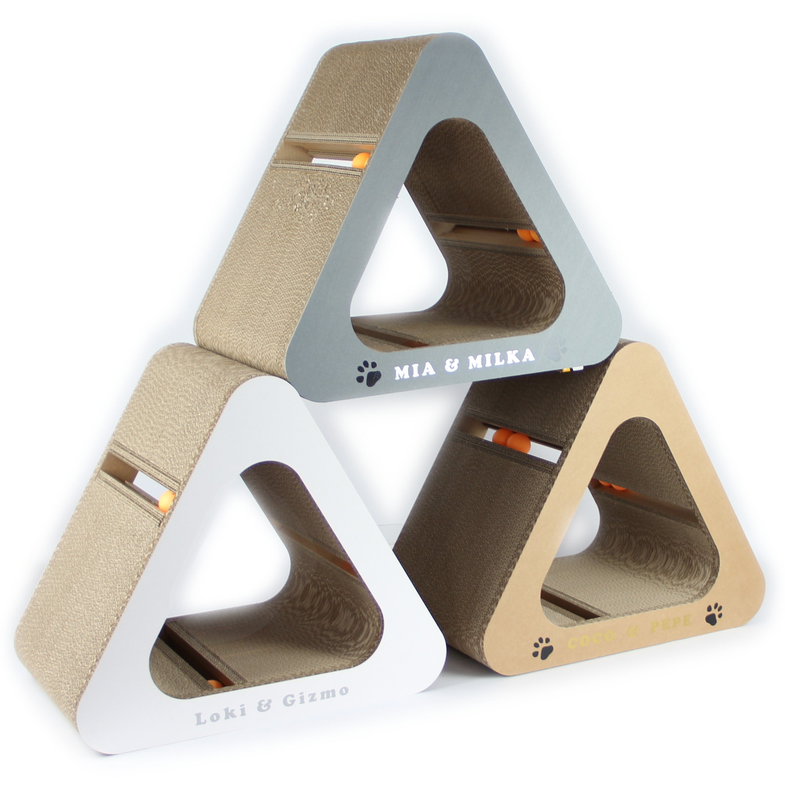 Katzendreieck aus Wellpappe - drehbares Kratzmöbel mit Spielbällen