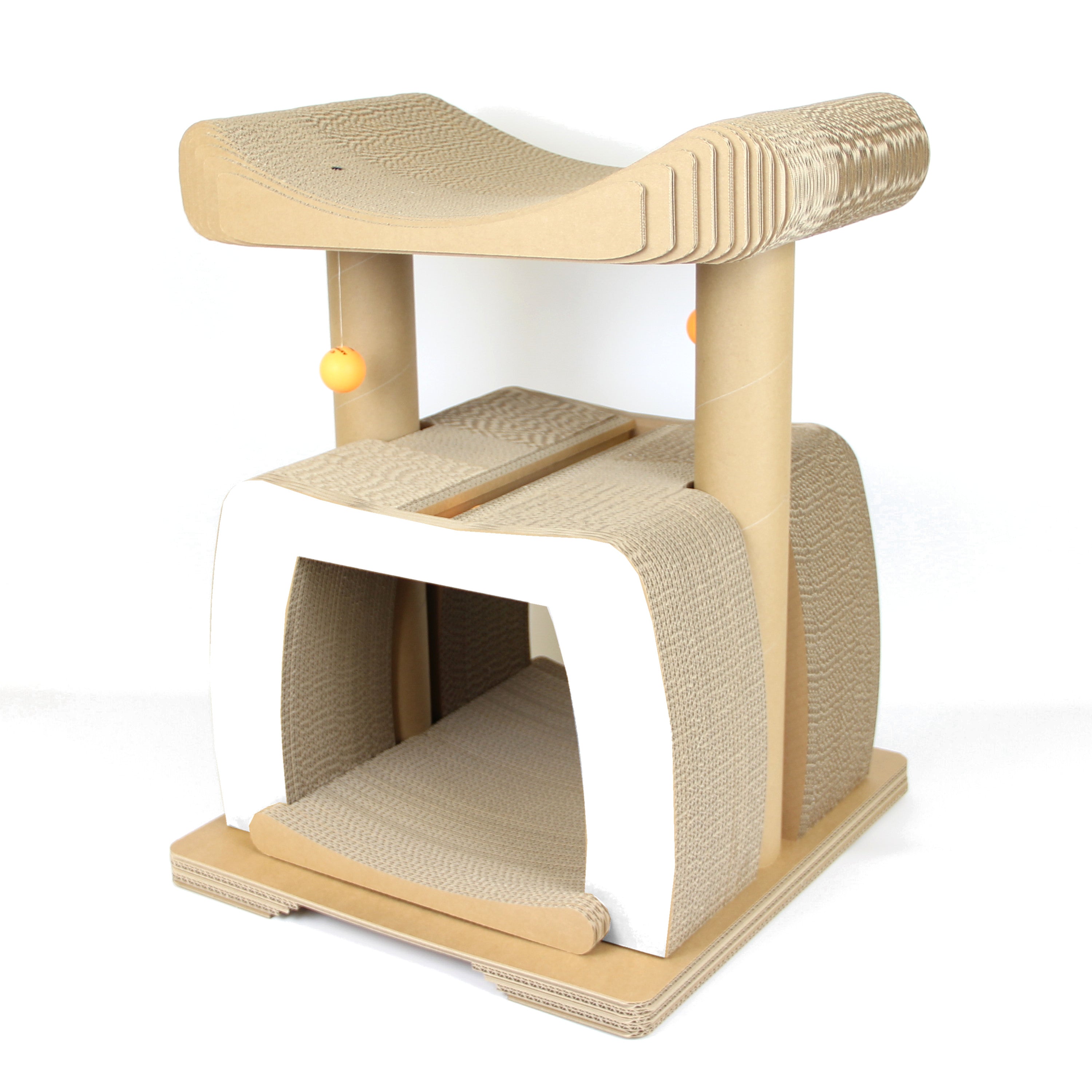Katzenthron in weiß aus Wellpappe - Kratzmöbel mit Spielbällen Made in Germany