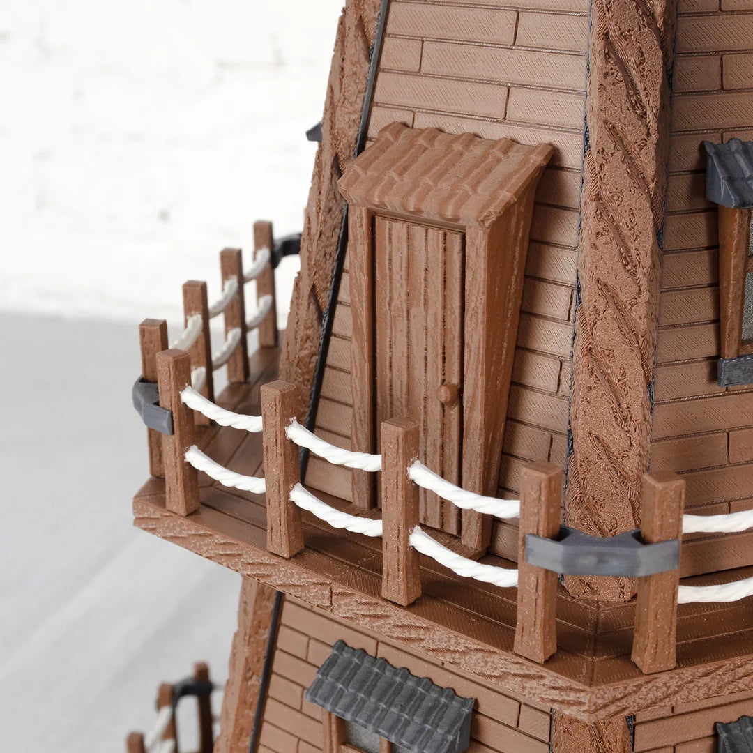 Jutland Mill Aarhus 3D-Druckmodell - Detailansicht Backsteinfassade mit Holzfenstern und Metallbändern
