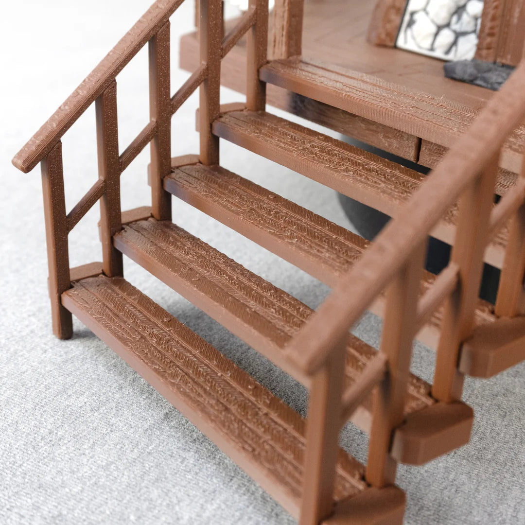 Holztreppe mit Geländer und grauen Stufen-Teppichläufern, 3D-Druckmodell Jutland Mill Aarhus
