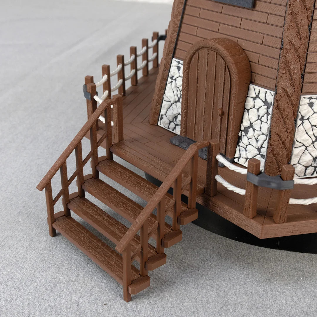 Jutland Mill Aarhus 3D-Druckmodell - Detailansicht Holztreppe und Gebäudeeingang mit Steinfundament