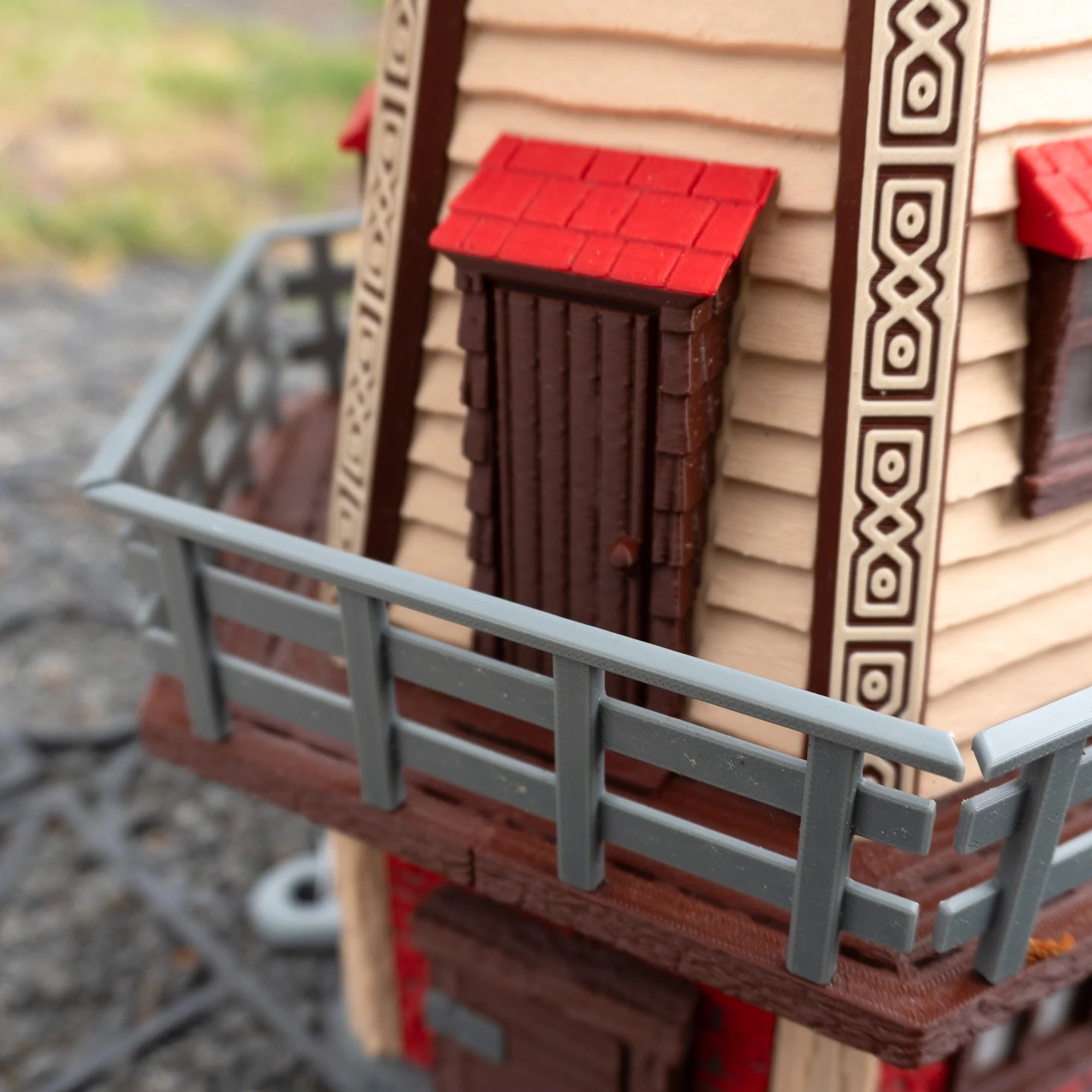 Jutland Mill Brande 3D-Druckmodell mit roten Dächern, braunem Holzwerk und grauem Zaun